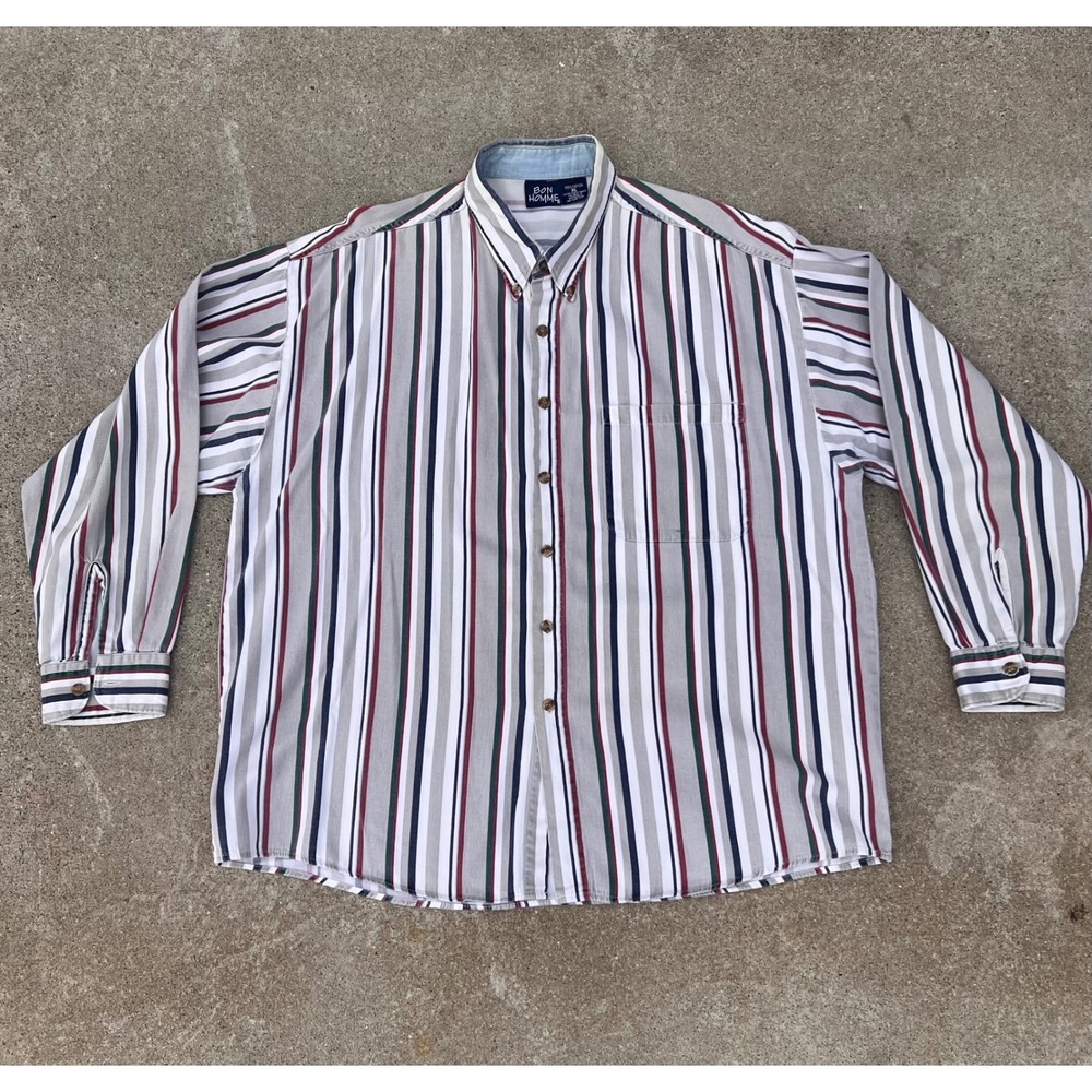 Bon Homme XL Striped Button-Up Shirt Menswear Casual Cotton‎ Y2K 90s street